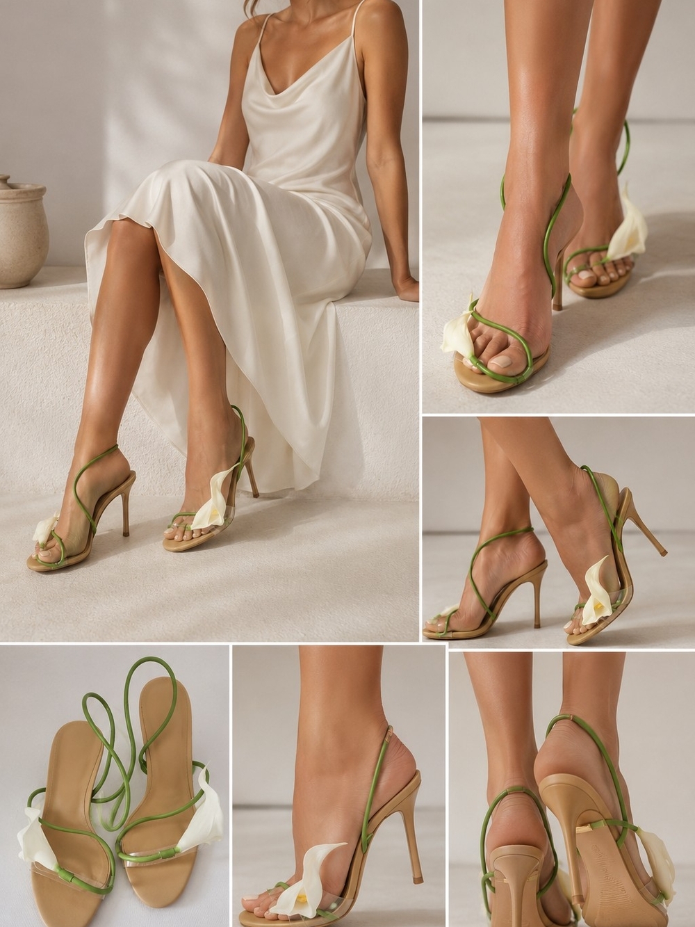 Source Unknown Green & Cream Floral Wrap Stiletto Sandals